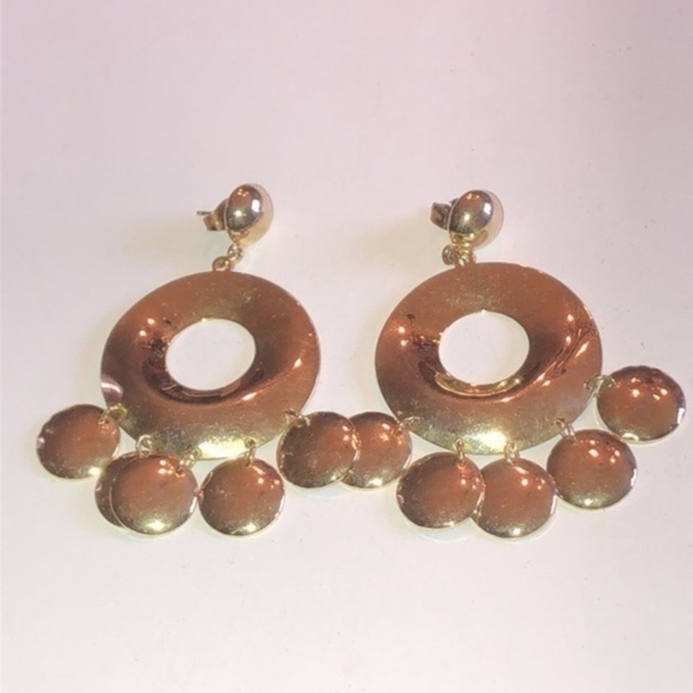 Huge Vintage Gold Tone Round Circle Dangling Pierced Earrings